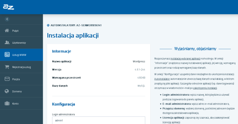 zrzut ekranu starej wersji wordpressa w instalatorze az.pl