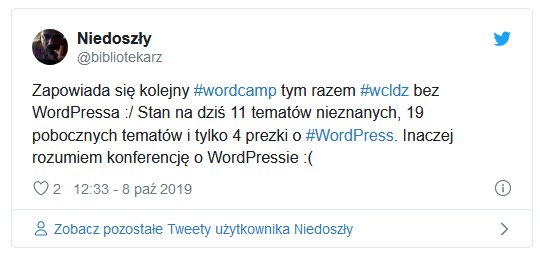 Obraz twita na temat agendy WordCamp Łódź
