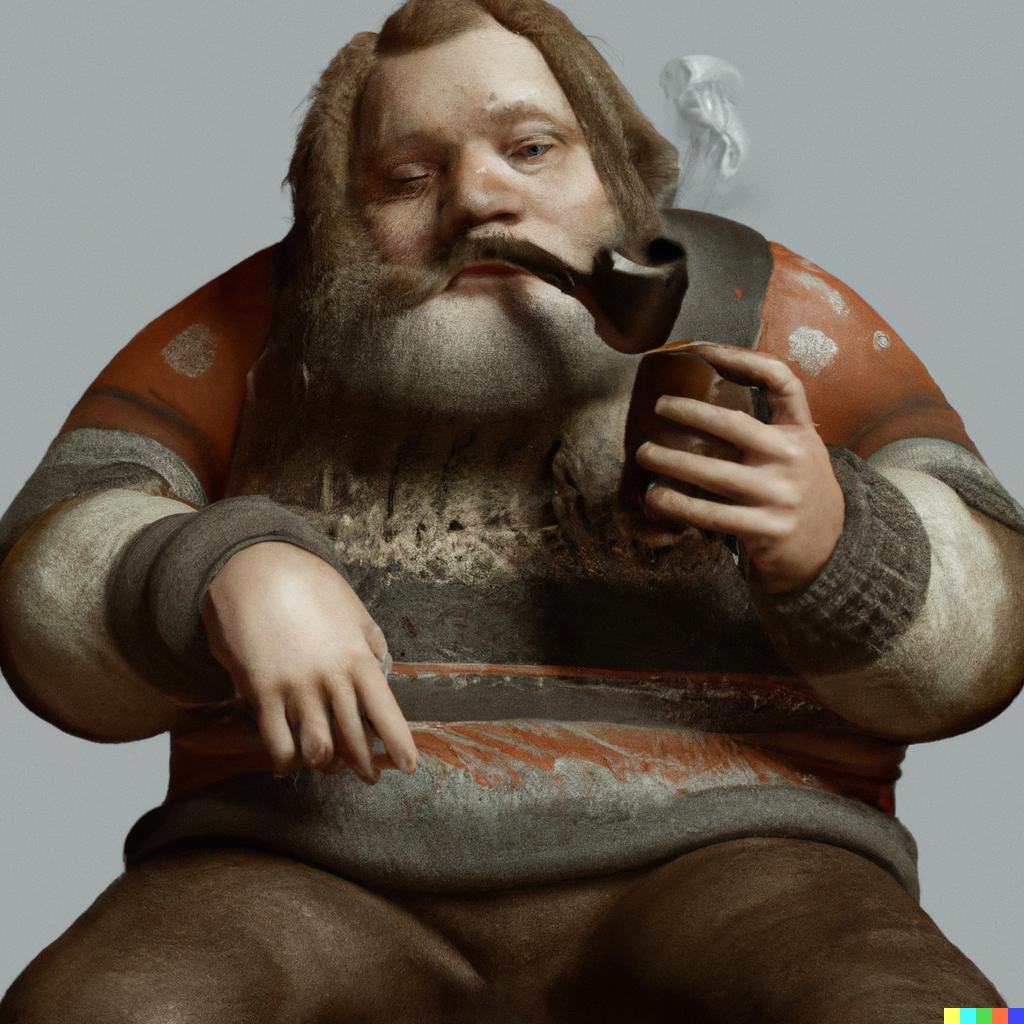 trówymiarowy obraz mężczyzny z fajką i kubkiem