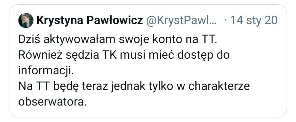 Kłamstwo krystyny pawłowicz na temat jej sposobu użycia twittera jako sędzi TK