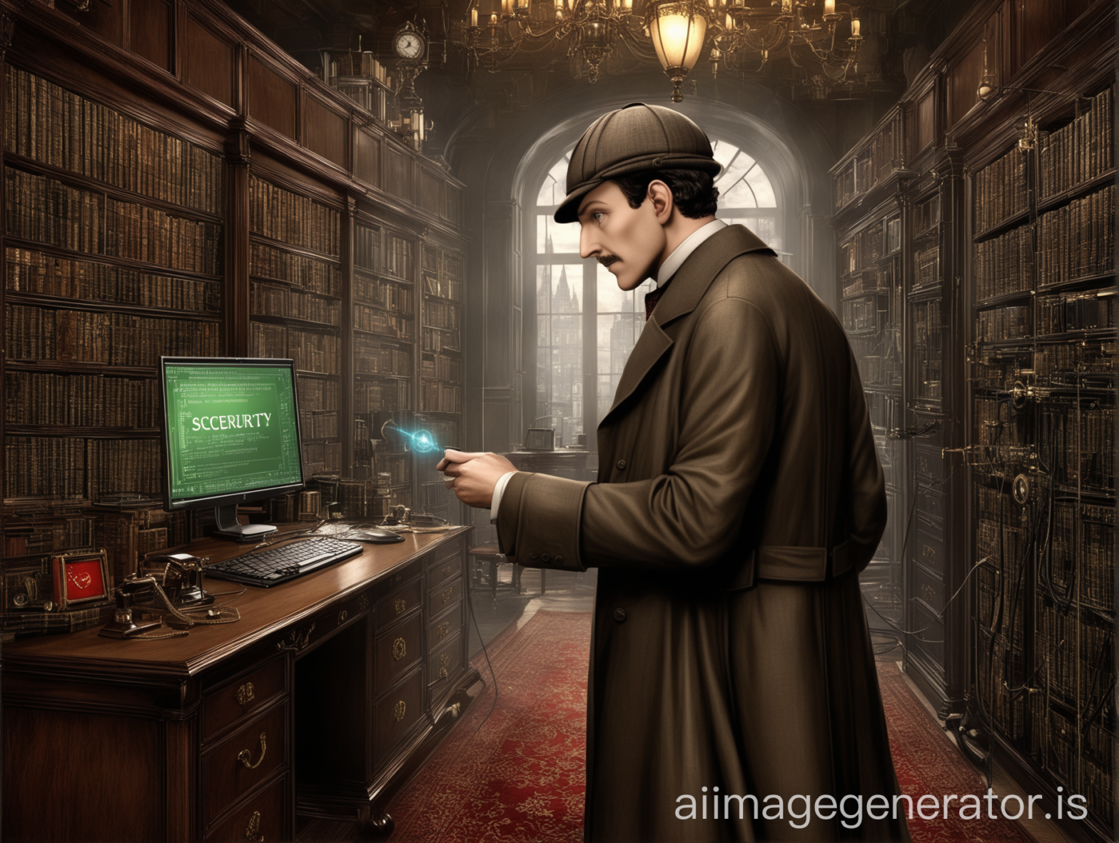 Facet w brązowym płaszczu i kapeluszu stylizowany na Sherlocka Holmsa stojący w bibliotece