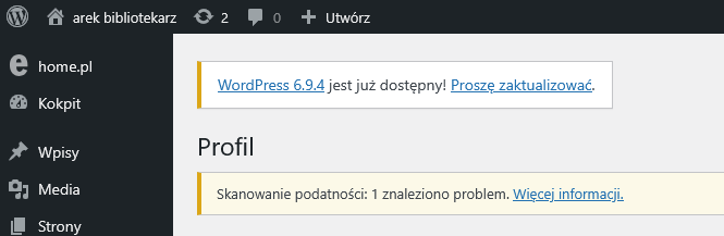 zrzut ekranu z informacją o nieaktualnym wordpressie